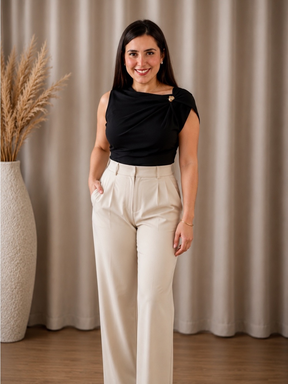 Black Asymmetrical One-Shoulder Top with Gold Button - Picture 5 of 6